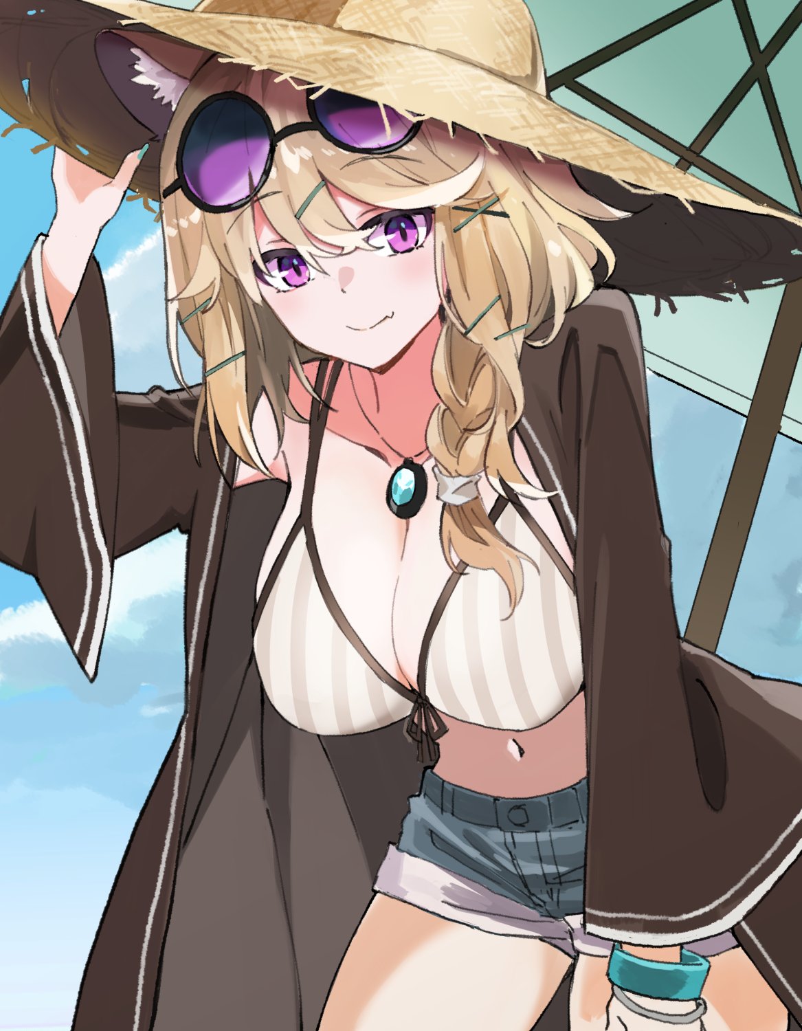 1girl, amulet, animal_ears, aqua_nails, arknights, bikini, bikini_top, blonde_hair, braid, breasts, brown_robe, cowboy_shot, denim, denim_shorts, exion_(neon), eyewear_on_head, fang, hair_ornament, hairclip, hanging_breasts, hat, highres, large_breasts, looking_at_viewer, midriff, navel, official_alternate_costume, open_clothes, open_robe, outdoors, parasol, robe, shorts, skin_fang, sky, smile, solo, standing, straw_hat, sunglasses, swimsuit, umbrella, utage_(arknights), utage_(summer_flowers)_(arknights), violet_eyes, wristband