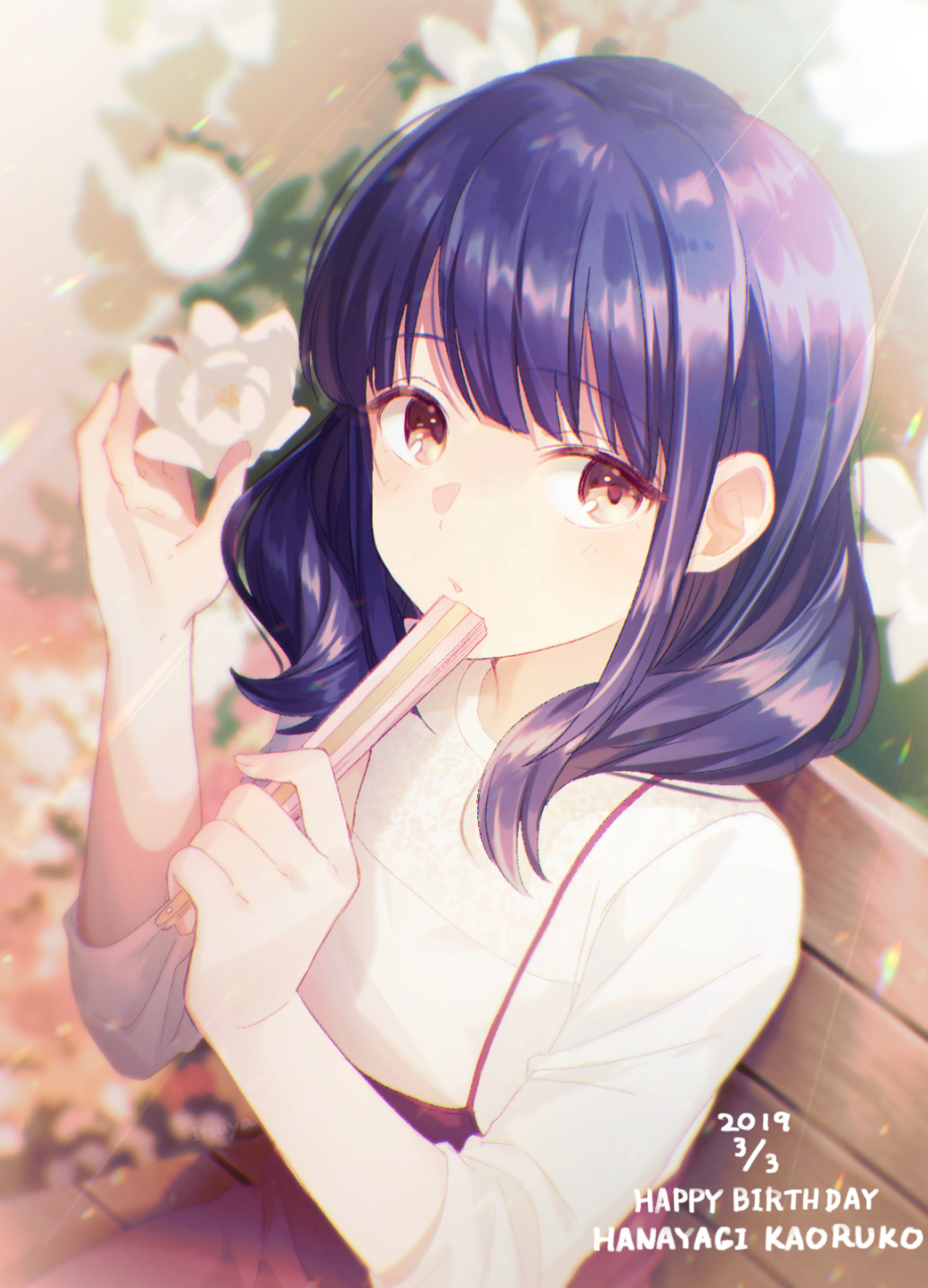 1girl, artist_name, bangs, bench, blurry, blurry_background, brown_eyes, character_name