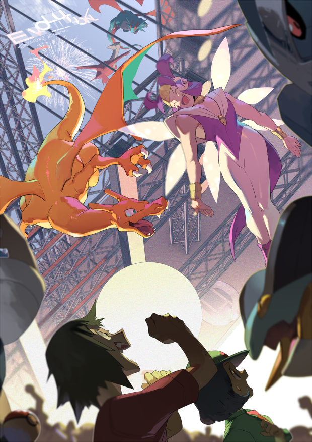 1girl, 2boys, artist_name, black_hair, bracelet, charizard, clenched_hands, e_volution