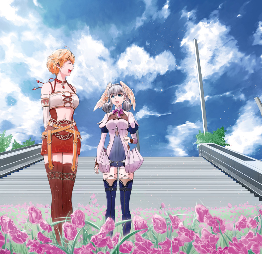 2girls, black_legwear, blonde_hair, blue_eyes, blush, braid, closed_eyes, crown_braid
