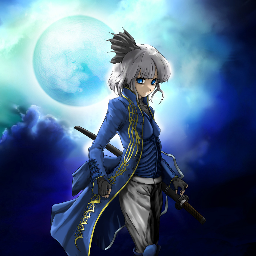 blue_eyes, cosplay, devil_may_cry, devil_may_cry_(series), hairband, highres, katana, konpaku_youmu