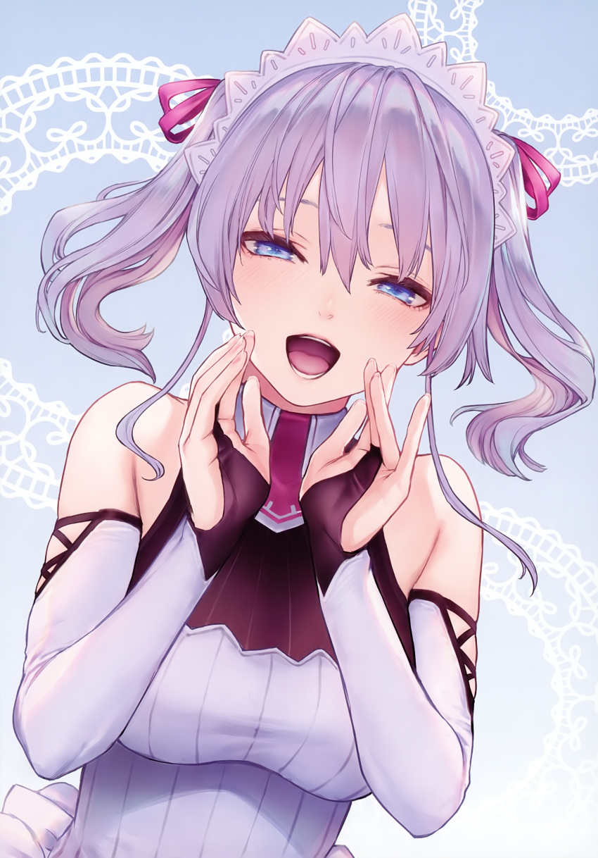 1girl, :d, absurdres, armpit_crease, bare_shoulders, black_gloves, blue_background, blue_eyes