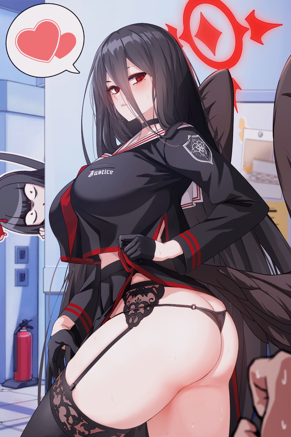 1boy, 2girls, ass, bangs, behalter, black_gloves, black_hair, black_legwear, black_skirt, black_wings, blue_archive, blush, breasts, choker, garter_belt, garter_straps, gloves, hair_between_eyes, halo, hasumi_(blue_archive), heart, highres, lace, lace-trimmed_legwear, lace_trim, large_breasts, long_hair, long_sleeves, looking_at_viewer, mole, mole_under_eye, multiple_girls, o-ring, panties, pleated_skirt, red_eyes, school_uniform, skirt, skirt_lift, solo_focus, spoken_heart, string_panties, sweat, thigh-highs, tsurugi_(blue_archive), underwear, very_long_hair, wings