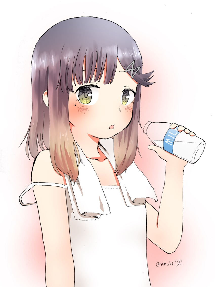 1girl, :o, bangs, blush, bottle, gradient, gradient_background, gradient_hair