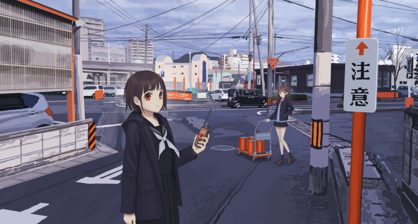 05tai_mono, 2girls, absurdres, black_serafuku, brown_hair, car, cityscape, day, ground_vehicle, hand_in_pocket, hand_truck, highres, jacket, looking_at_viewer, motor_vehicle, multiple_girls, orange_eyes, original, outdoors, road_sign, scenery, school_uniform, serafuku, short_hair, sign, walkie-talkie