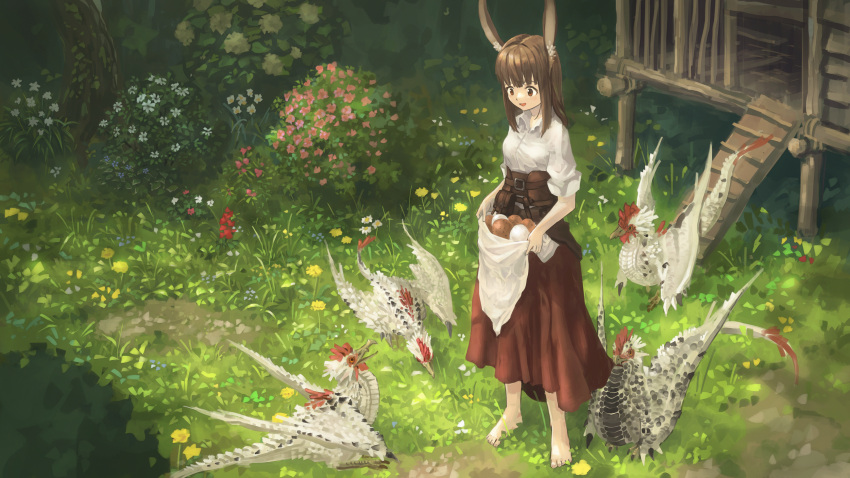 1girl, :d, animal_ears, barefoot, bird, brown_eyes, brown_hair, bush, chicken, cockatrice, creature, day, egg, fantasy, flower, grass, highres, long_hair, long_skirt, open_mouth, original, outdoors, rabbit_ears, skirt, smile, suzuke