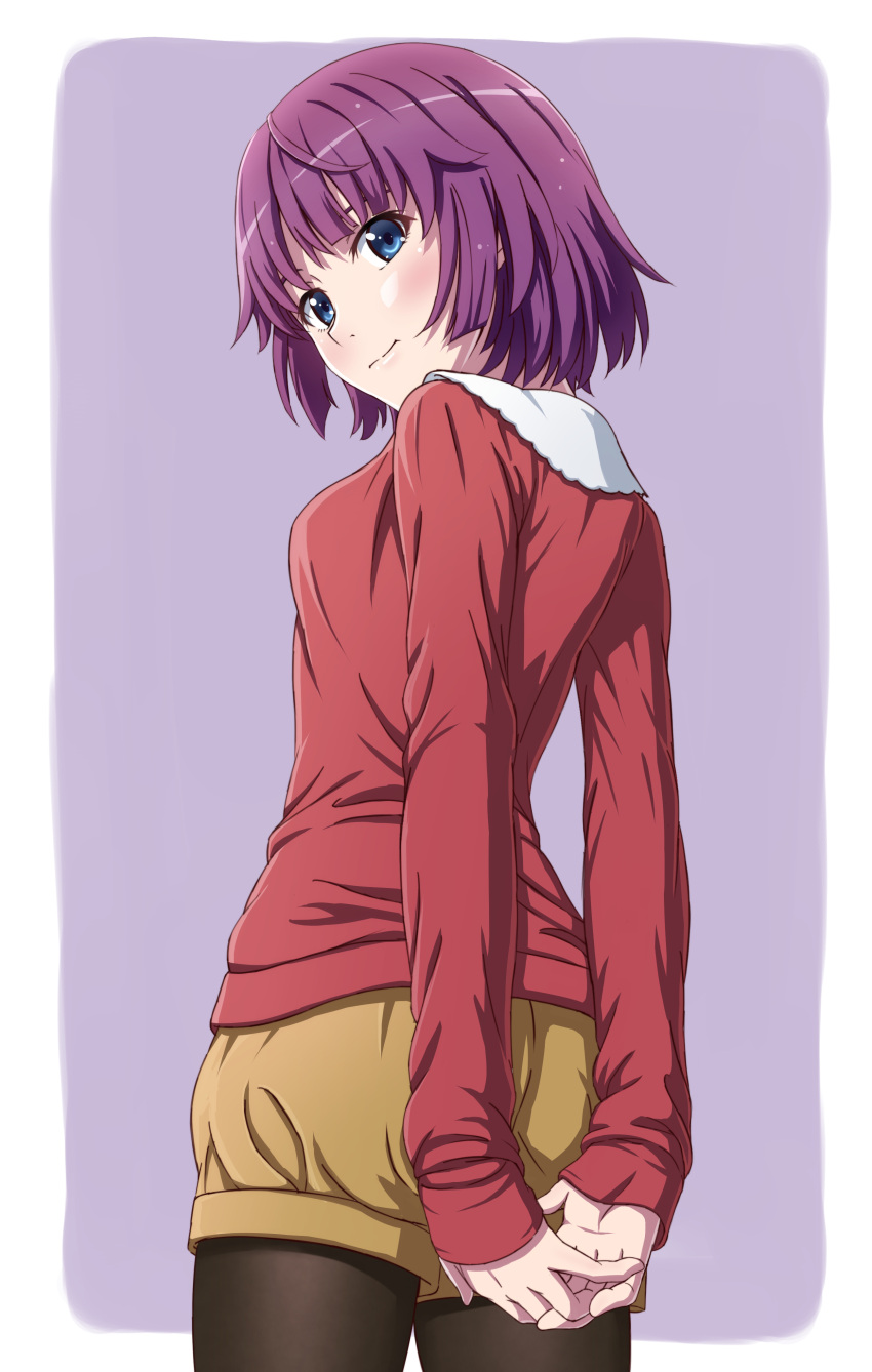 1girl, absurdres, arms_behind_back, bangs, black_legwear, blue_eyes, blunt_bangs, collar