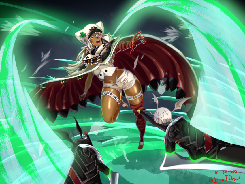 1girl, bandages, barefoot, belt_buckle, buckle, cloak, clover, dark_skin