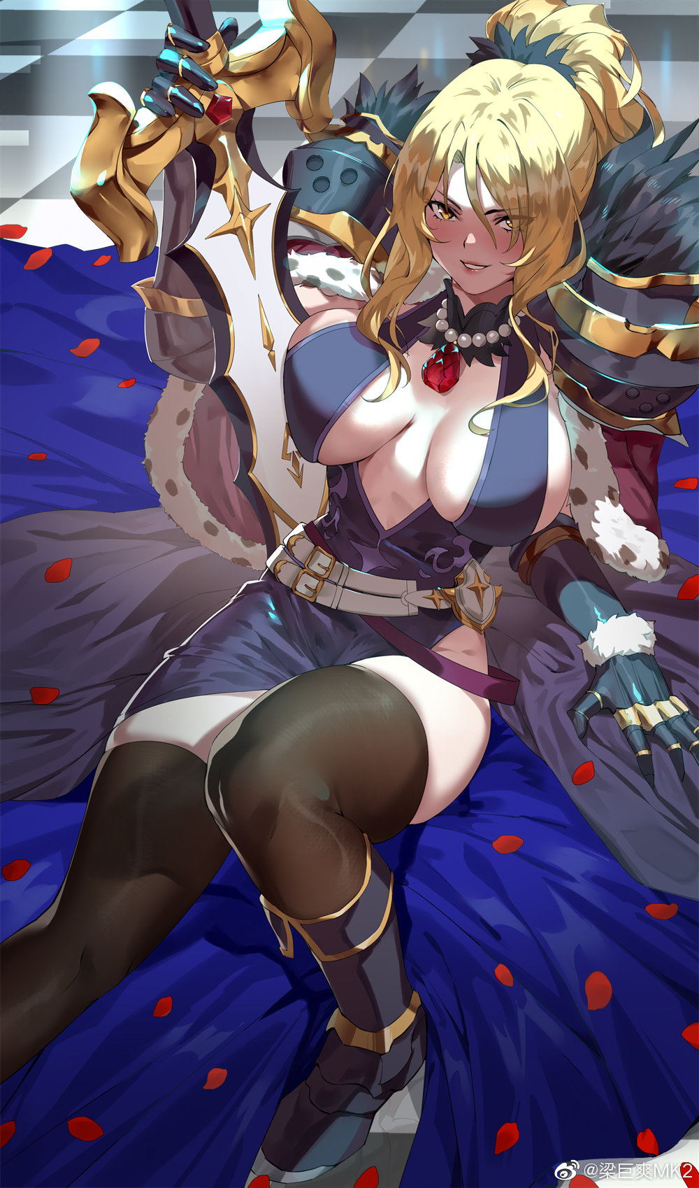 1girl, bangs, black_legwear, blonde_hair, breasts, christina_(princess_connect!), club3, gem