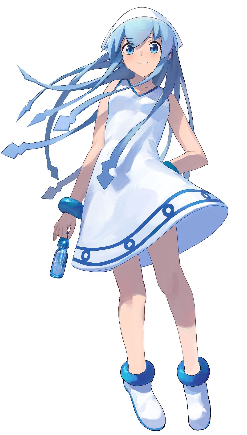 1girl, bangs, bare_arms, bare_shoulders, blue_eyes, blue_hair, blush, bottle