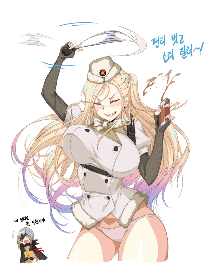 2girls, a-91_(girls_frontine), blonde_hair, closed_eyes, drunk, earrings, elbow_gloves, eyepatch, fingerless_gloves, girls_frontline, gloves, grey_hair, highres, hip_flask, holding, holding_clothes, holding_panties, holding_underwear, jewelry, long_hair, m16a1_(girls_frontline)_(boss), multicolored_hair, multiple_girls, one_side_up, orange_hair, panties, rantia, short_sleeves, solo_focus, underwear, very_long_hair, white_panties