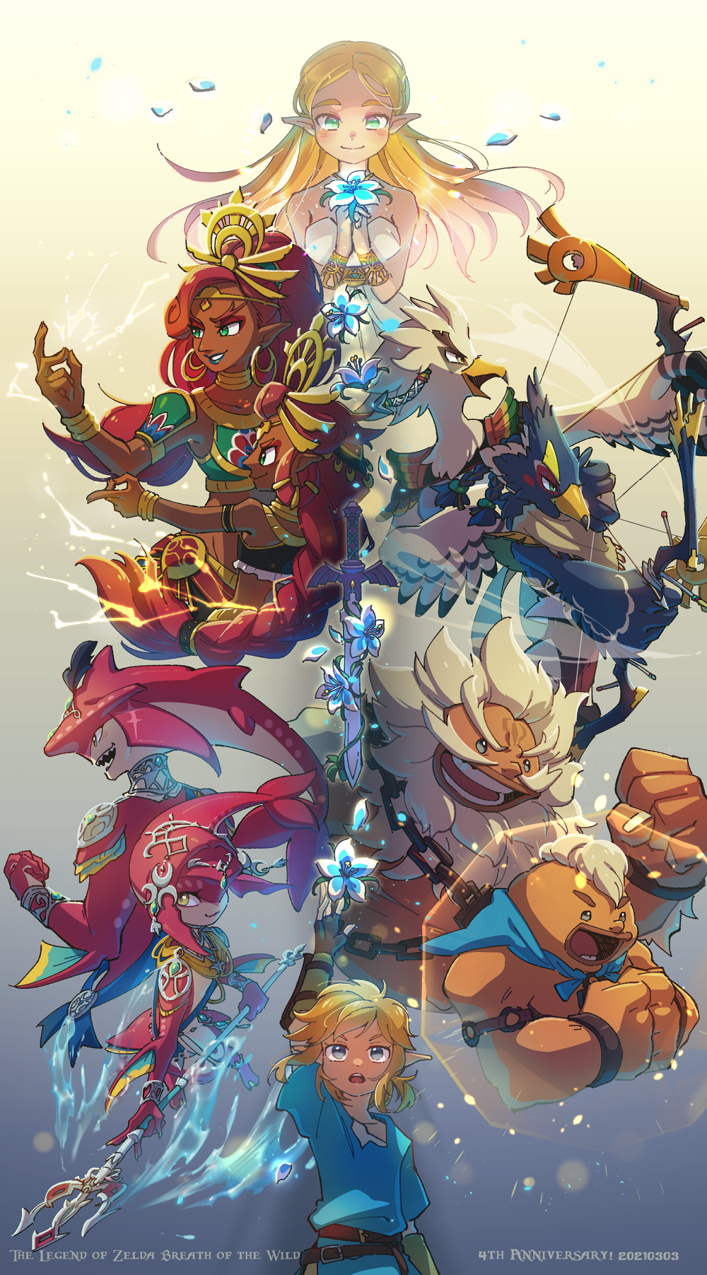 4girls, 6+boys, arm_up, beak, blonde_hair, bow_(weapon), bracelet, circlet