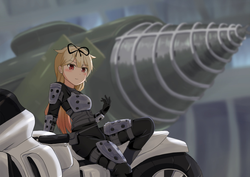 1girl, alternate_costume, armor, black_gloves, black_pants, black_ribbon, black_shirt, blonde_hair