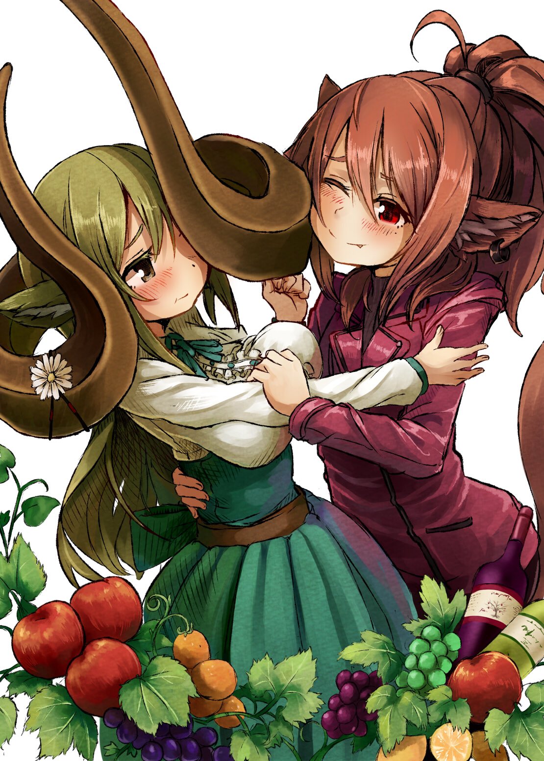 159cm, 2girls, :t, ahoge, animal_ears, apple, belt, blush