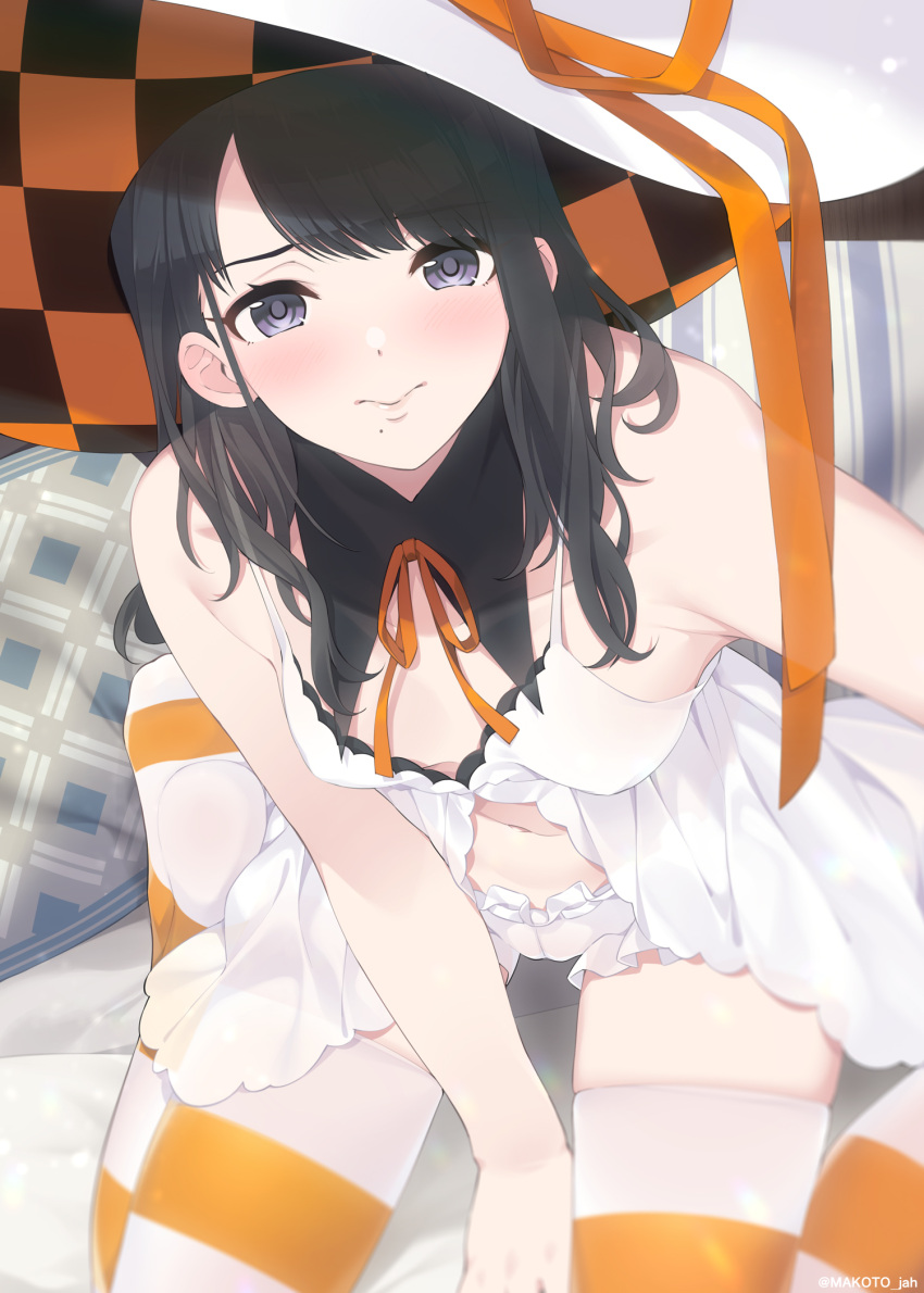 black_hair, bloomers, checkered, checkered_headwear, couch, detached_collar, hat, hat_ribbon, highres, idolmaster, idolmaster_shiny_colors, kazano_hiori, long_hair, looking_at_viewer, midriff, mizuki_makoto, mole, mole_under_mouth, navel, neck_ribbon, ribbon, sitting, striped, striped_legwear, thigh-highs, underwear, white_headwear, witch_hat