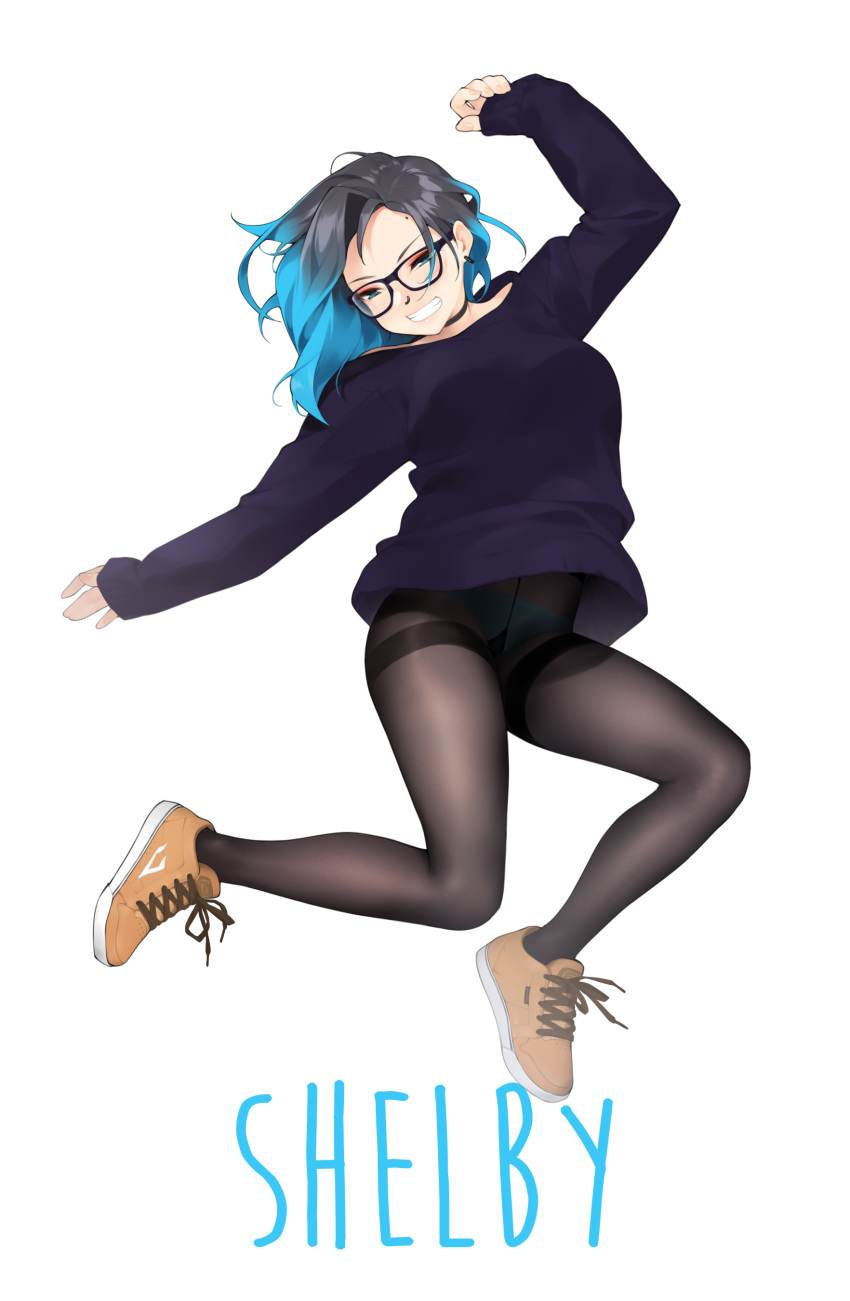 1girl, absurdres, black-framed_eyewear, black_hair, black_legwear, blue_eyes, blue_hair, blue_nails