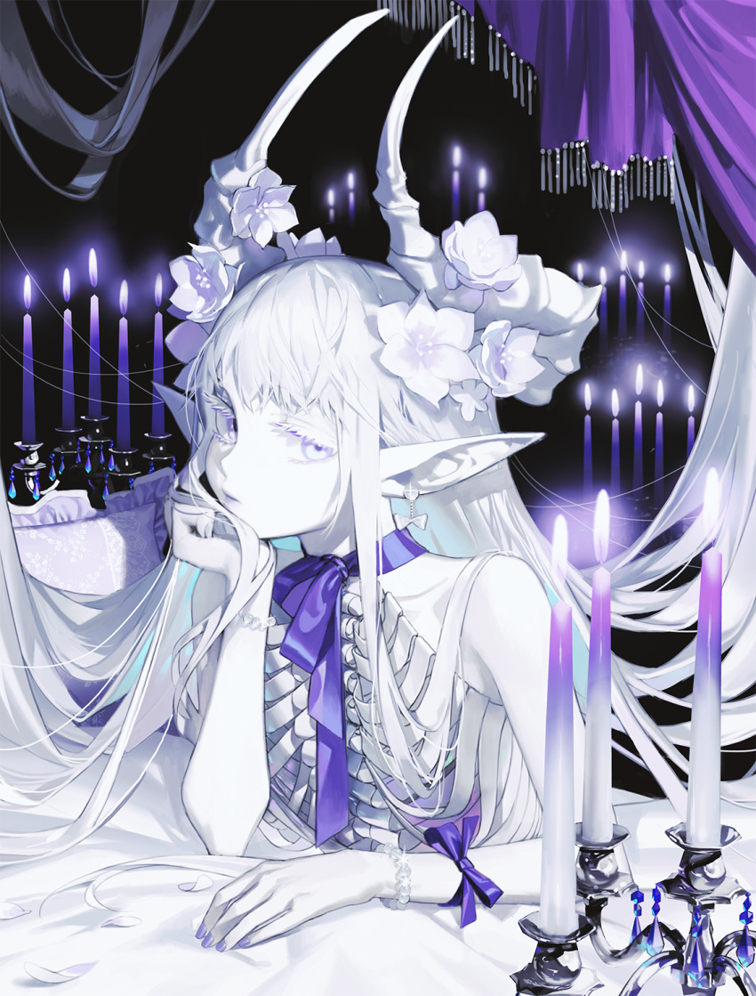 1girl, bare_arms, bare_shoulders, bow, bow_earrings, bracelet, candelabra, candle