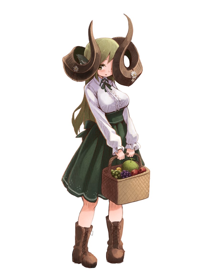 159cm, 1girl, apple, basket, blush, boots, brown_footwear, curled_horns