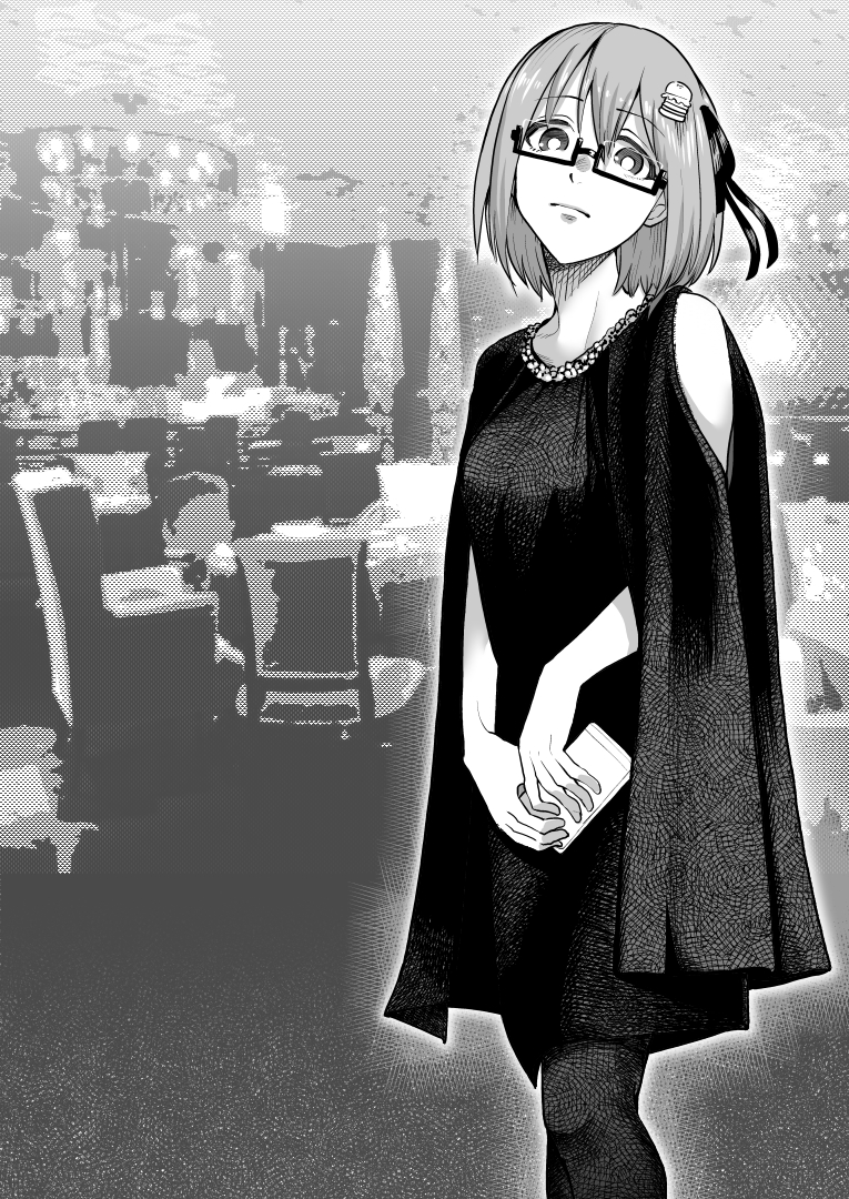 1girl, bag, blurry, blurry_background, borrowed_character, breasts, clothing_cutout, dress, expressionless, fashion, food, glasses, greyscale, hair_ribbon, hamburger, hamburger-chan_(nekoume), handbag, head_tilt, looking_at_viewer, medium_breasts, monochrome, original, pantyhose, photo_background, ribbon, semi-rimless_eyewear, short_hair, shoulder_cutout, solo, ubonoan, under-rim_eyewear