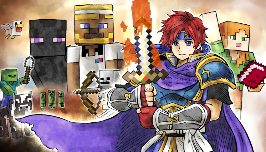 1boy, alex_(minecraft), armor, arrow_(projectile), binding_blade_(weapon), blue_eyes, book, bow