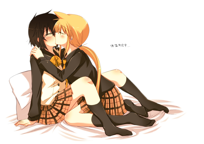 blush, brown_eyes, brown_hair, closed_eyes, earrings, glasses, highres, hyakko