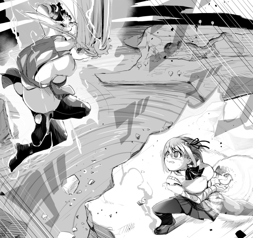 2girls, ass, aura, battle, borrowed_character, breasts, destruction, energy_ball