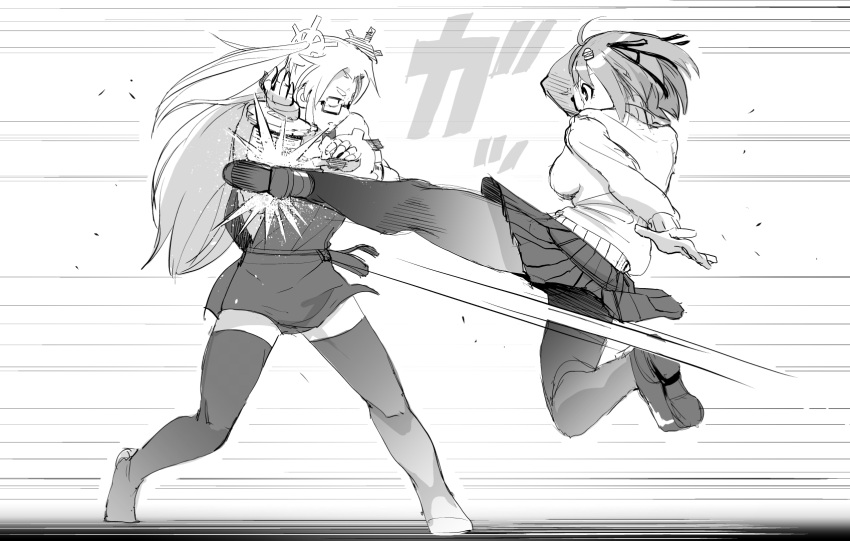 2girls, battle, blocking, borrowed_character, breasts, crossover, dress, fighting
