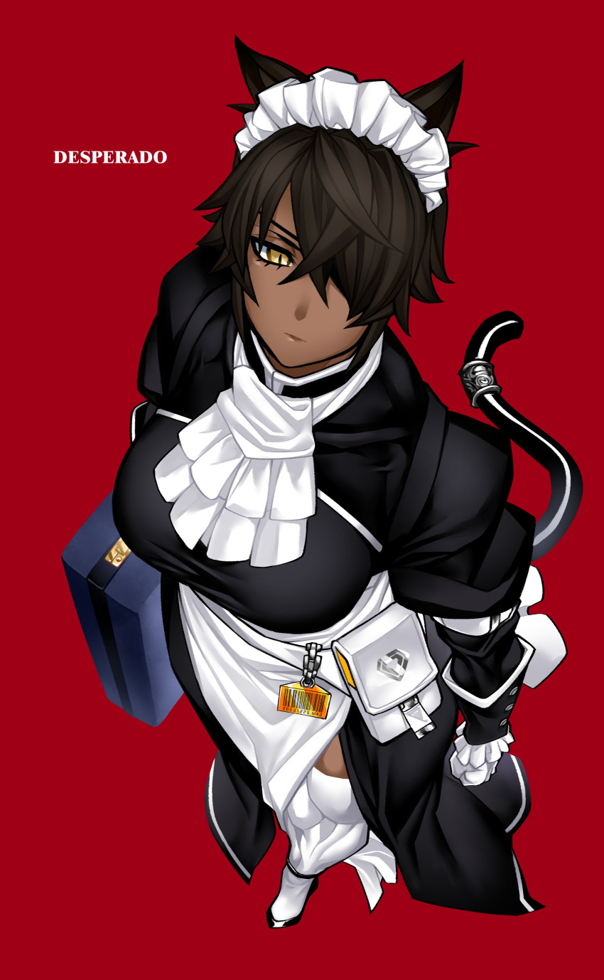 1girl, absurdres, animal_ears, apron, barcode, belt_pouch, black_dress, black_tail