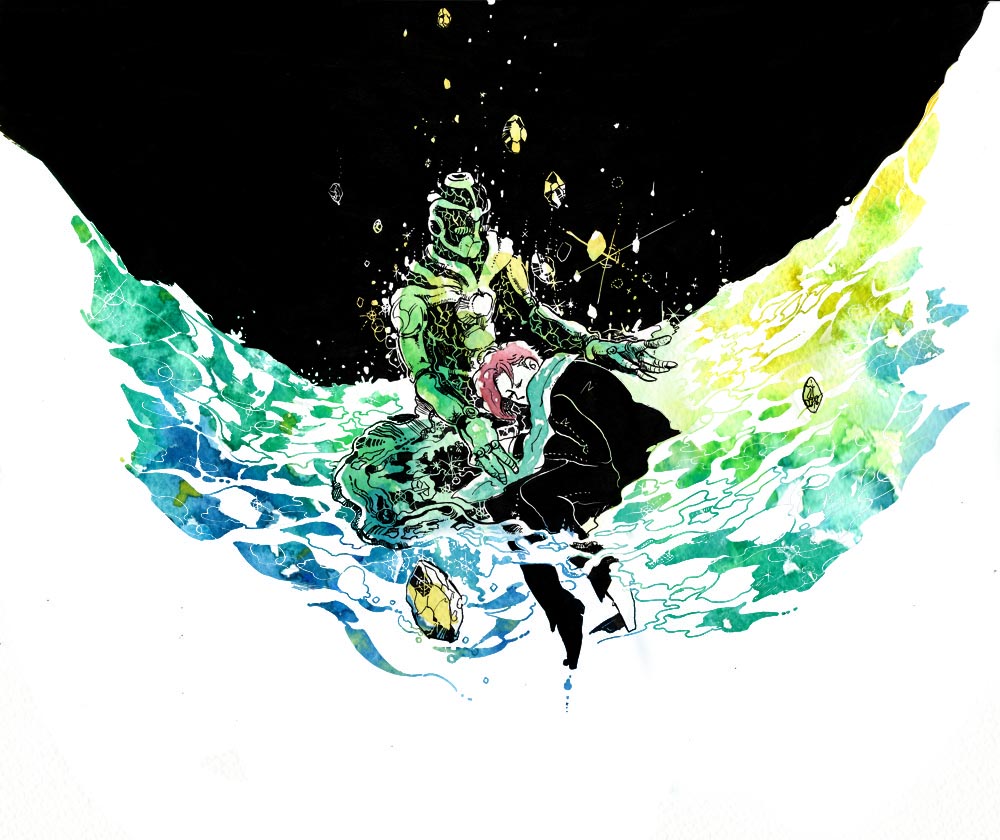 collaboration, colored, gakuran, gem, hierophant_green, hirasawa, jojo_no_kimyou_na_bouken, kakyoin_noriaki