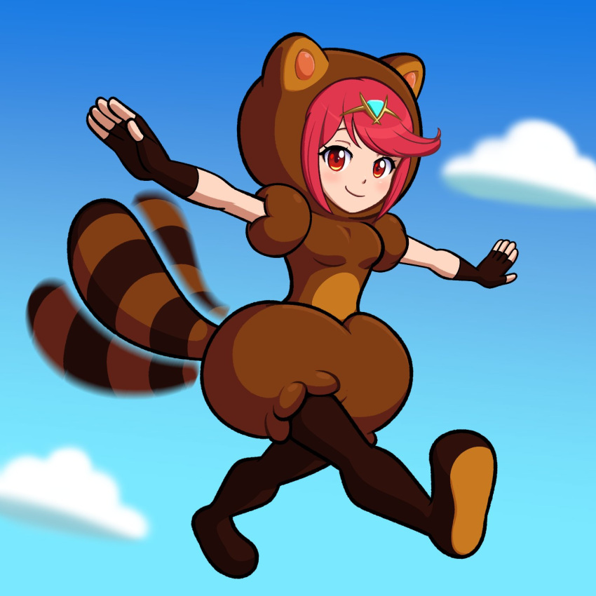 1girl, animal_ears, bangs, breasts, chest_jewel, coonstito, costume, earrings, fur_collar, headpiece, highres, jewelry, large_breasts, super_mario_bros., power-up, pyra_(xenoblade), raccoon_ears, raccoon_girl, raccoon_tail, red_eyes, redhead, short_hair, super_smash_bros., swept_bangs, tail, tanuki, tiara, xenoblade_chronicles_(series), xenoblade_chronicles_2