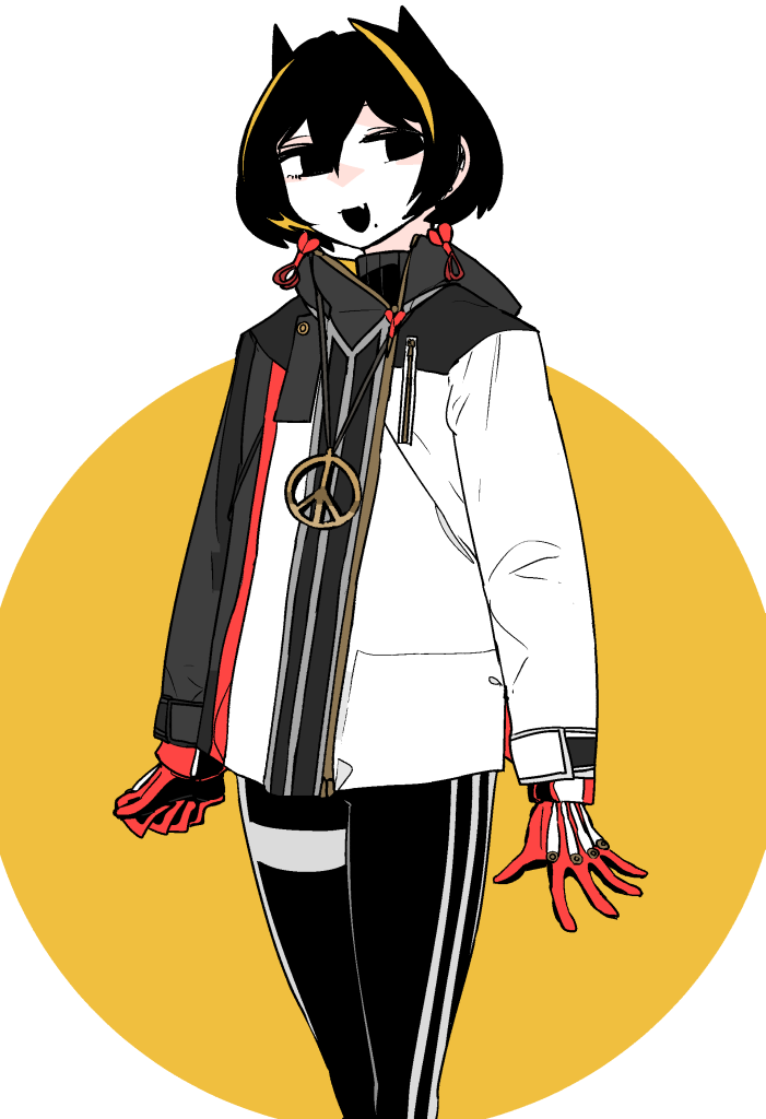 1girl, :d, animal_ears, black_eyes, black_hair, black_pants, cat_ears, colored_skin
