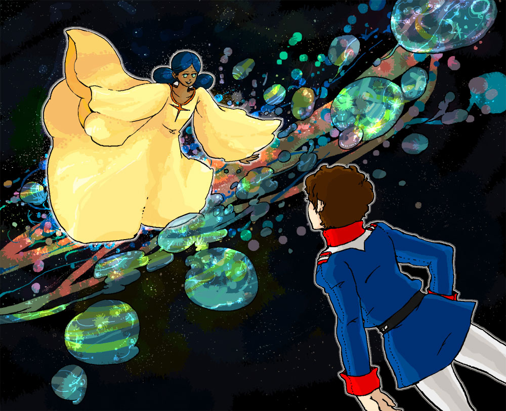 barefoot, bindi, blue_hair, brown_hair, dark_skin, dress, green_eyes, gundam