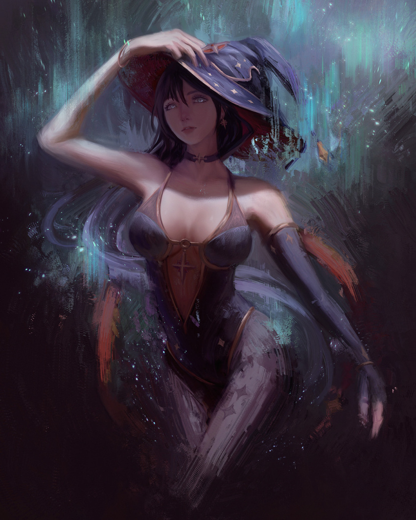 1girl, black_gloves, black_hair, black_legwear, breasts, choker, earrings, flowersbloodart