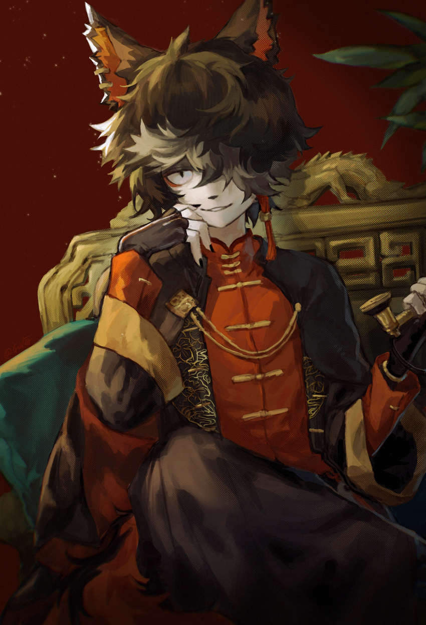 1boy, aak_(arknights), aak_(doctor_of_faces)_(arknights), animal_ears, arknights, cat_ears, chair, chinese_clothes, dragon, furry, hair_over_one_eye, highres, long_sleeves, looking_at_viewer, mayf42, phone, plant, sitting, smile, solo