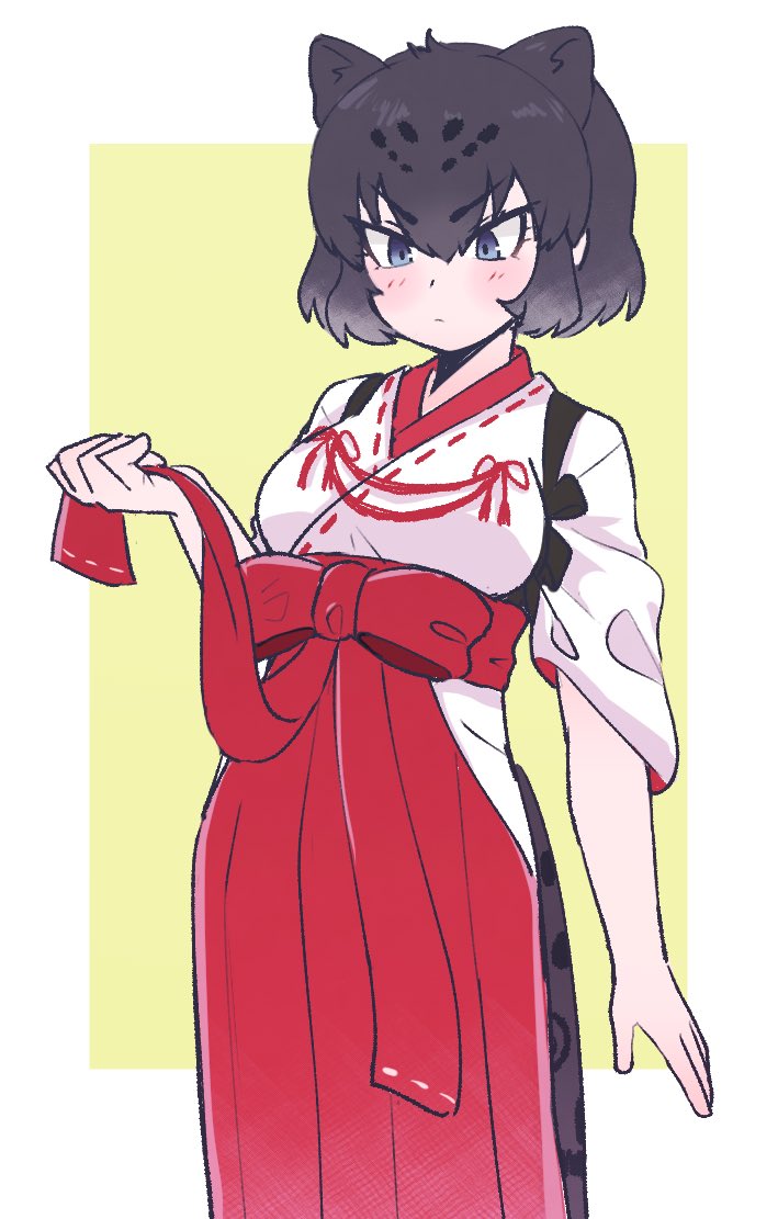 1girl, animal_ears, black_hair, black_jaguar_(kemono_friends), blue_eyes, bow, collar, commentary_request
