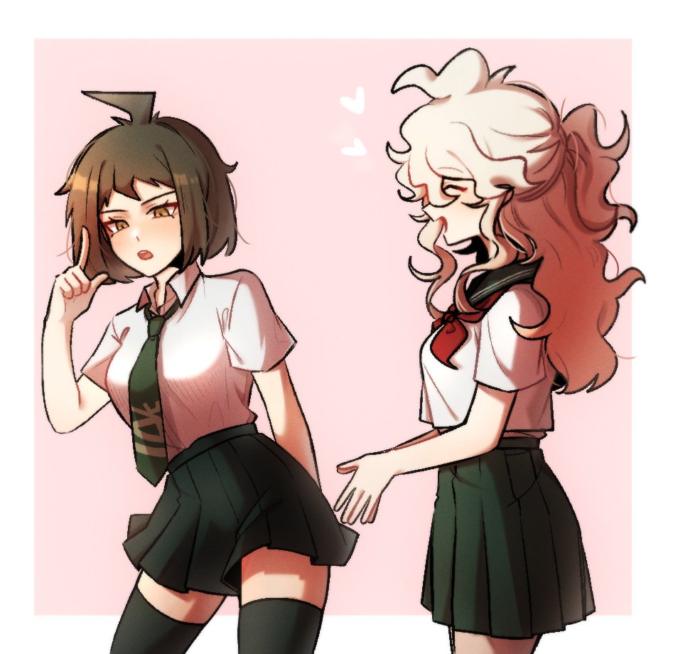 2girls, ahoge, bangs, black_legwear, border, brown_eyes, brown_hair, closed_eyes, collared_shirt, contrapposto, crop_top, dangan_ronpa_(series), dangan_ronpa_2:_goodbye_despair, from_side, genderswap, genderswap_(mtf), green_neckwear, grey_hair, happy, heart, hinata_hajime, komaeda_nagito, kopaen_(komaeda_p), long_hair, multiple_girls, neckerchief, necktie, open_mouth, pink_background, pleated_skirt, ponytail, sailor_collar, school_uniform, shirt, short_hair, skirt, smile, symbol_commentary, thigh-highs, upper_teeth, white_border, white_shirt, zettai_ryouiki