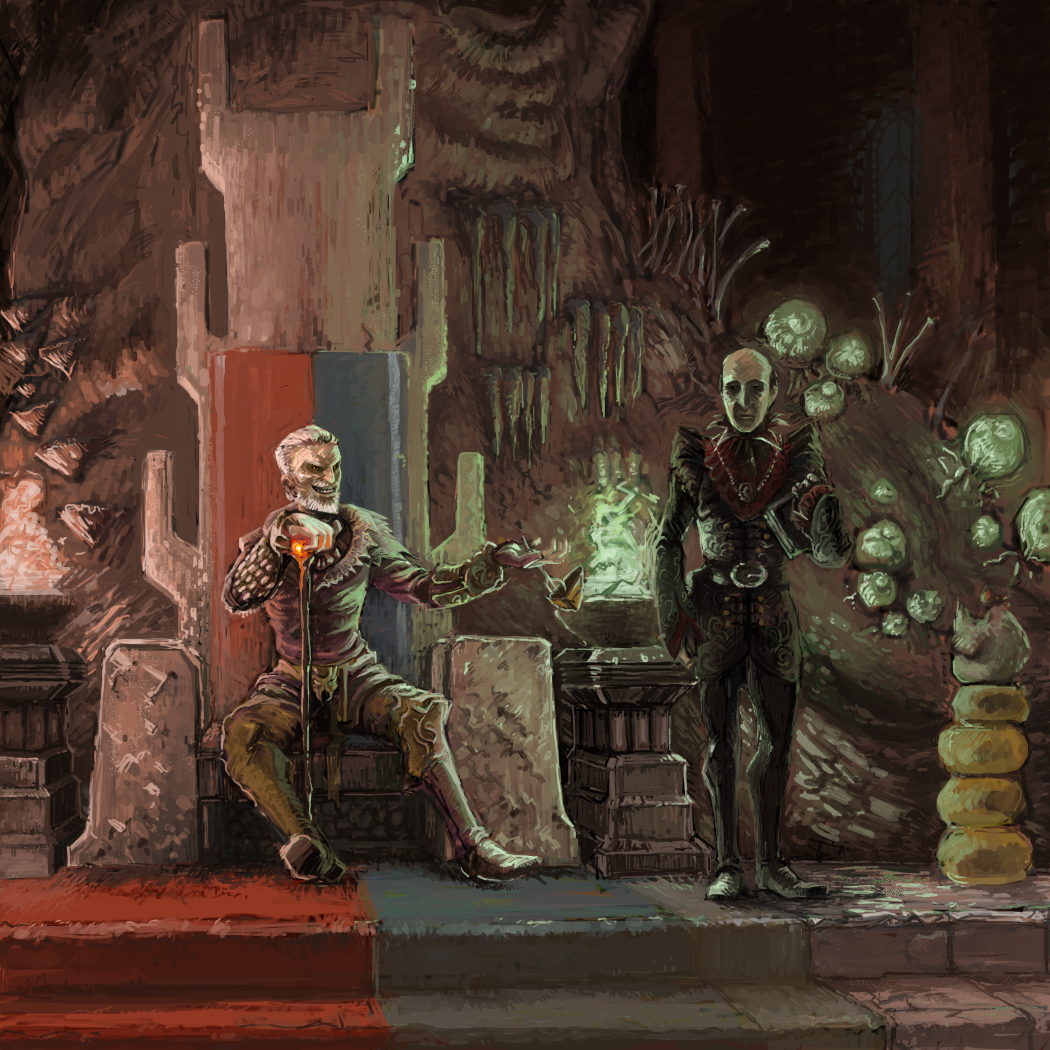 2boys, bald, beard, bird, black_footwear, black_jacket, black_pants, book, boots, brown_pants, carpet, cheese, chicken, commentary_request, demon_boy, evil_grin, evil_smile, facial_hair, fantasy, food, fork, grin, haskill, holding, holding_book, holding_fork, holding_staff, jacket, long_sleeves, mks-t, multiple_boys, mushroom, old, old_man, pants, purple_jacket, roots, sheogorath, silver_hair, sitting, smile, staff, standing, teeth, the_elder_scrolls, the_elder_scrolls_iv:_oblivion, throne, throne_room, yellow_eyes