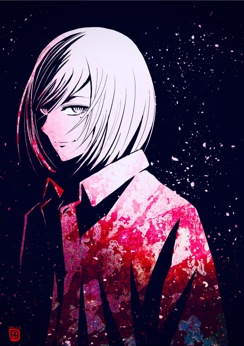1boy, akudama_drive, artist_logo, bangs, black_background, coat, commentary_request, cutthroat_(akudama_drive), highres, jacket, looking_at_viewer, male_focus, mole, mole_under_eye, night, ogakirokurou, pink_blood, pink_coat, short_hair, sky, smile, star_(sky), starry_sky, upper_body