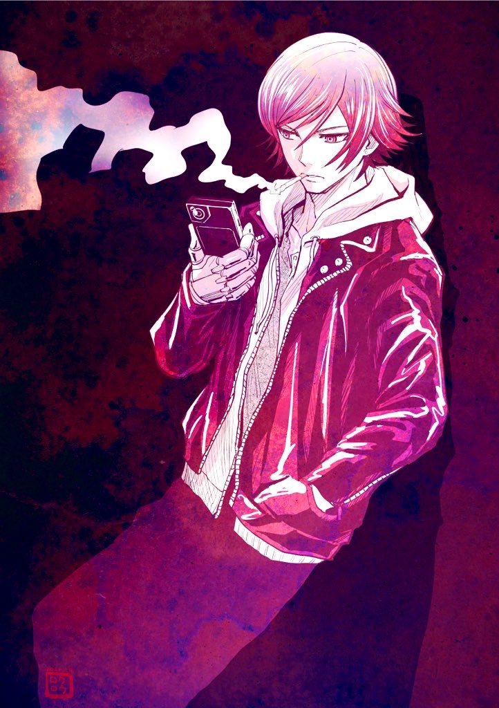 1boy, akudama_drive, bangs, cigarette, collarbone, commentary_request, courier_(akudama_drive), frown