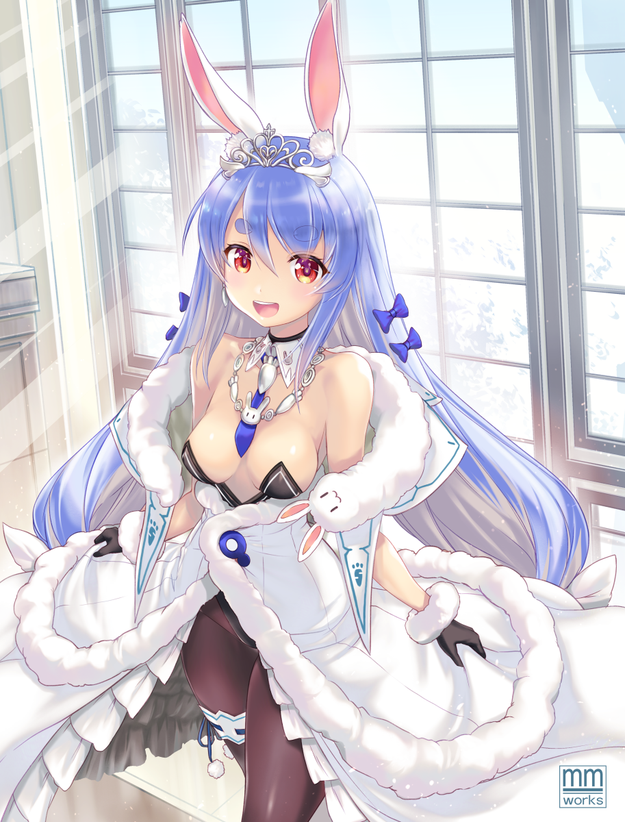 1girl, :d, adapted_costume, alternate_hairstyle, animal_ear_fluff, animal_ears, bangs, bare_arms