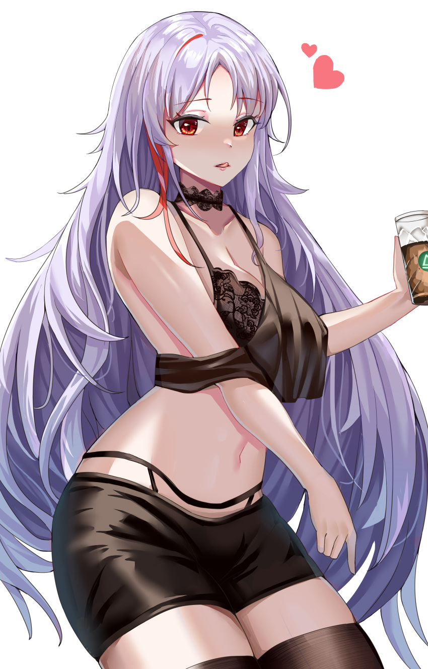 1girl, absurdres, azur_lane, black_bra, black_choker, black_legwear, black_shorts, black_tank_top, bra, bra_strap, breasts, brown_eyes, choker, cup, eyebrows_visible_through_hair, heart, heart_print, highres, holding, holding_cup, licking_lips, lips, long_hair, looking_at_viewer, medium_breasts, multicolored_hair, navel, she_taizi, shorts, silver_hair, solo, standing, tallinn_(azur_lane), tallinn_(nostalgic_pilsner)_(azur_lane), tank_top, tongue, tongue_out, underwear, white_background