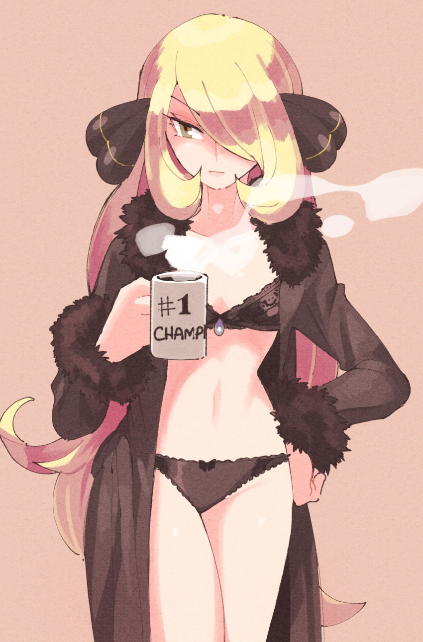 1girl, black_bra, black_coat, black_panties, blonde_hair, bra, closed_mouth, coat