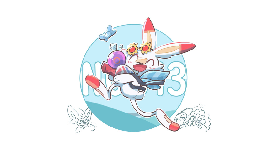 ^_^, bandaid, bandaid_on_nose, blush, candy_wrapper, choice_band, choice_scarf, choice_specs, cinderace, closed_eyes, commentary_request, draw_pann33, gen_8_pokemon, highres, holding, inteleon, life_orb, no_humans, number, open_mouth, pokemon, pokemon_(creature), rillaboom, scorbunny, starter_pokemon, tongue