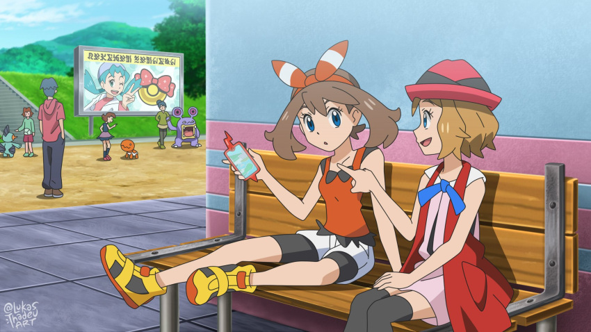 2boys, 4girls, bangs, bench, bike_shorts, billboard, blue_eyes, blue_ribbon
