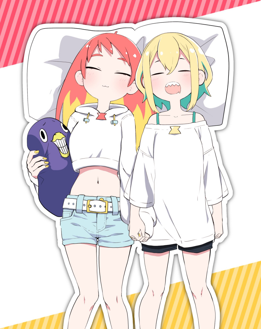 2girls, :3, amano_pikamee, bare_shoulders, belt, bird, blonde_hair, character_pillow
