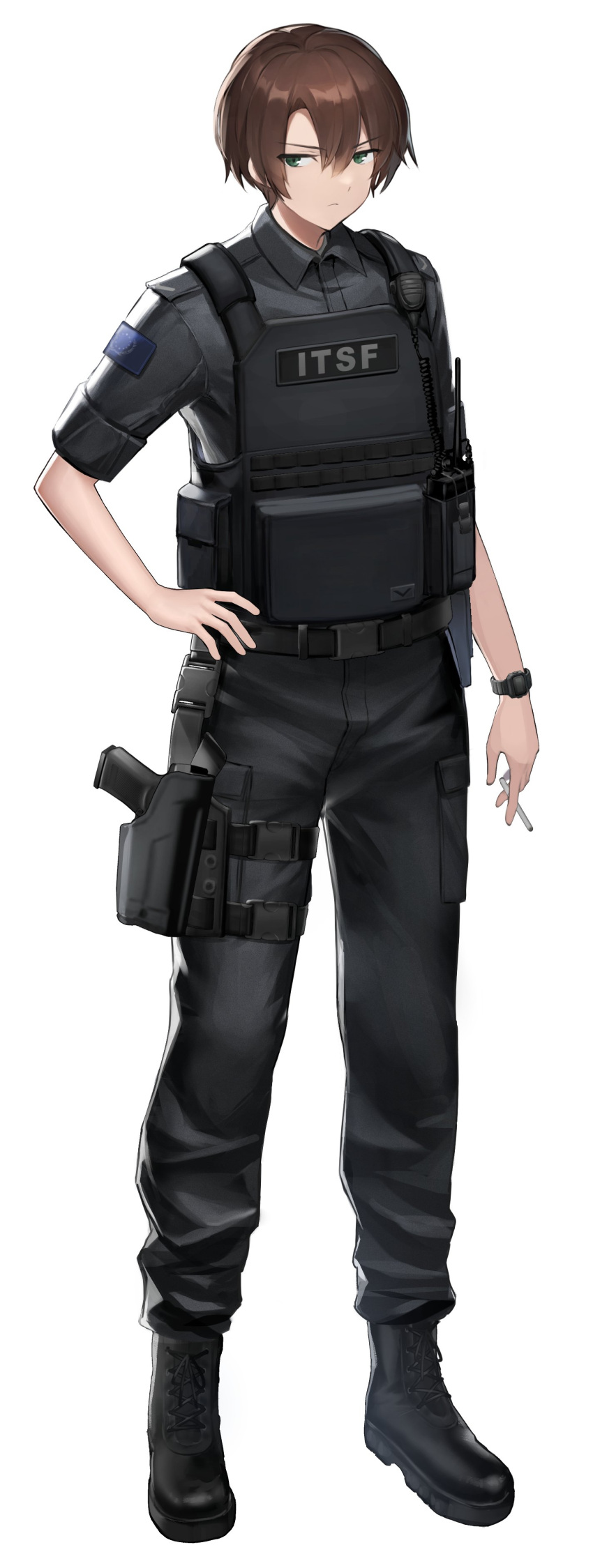 1girl, absurdres, androgynous, boots, brown_hair, bulletproof_vest, cigarette, frown, green_eyes, gun, handgun, highres, holster, holstered_weapon, original, radio, shiroyama_soh, short_hair, solo, watch, watch, weapon