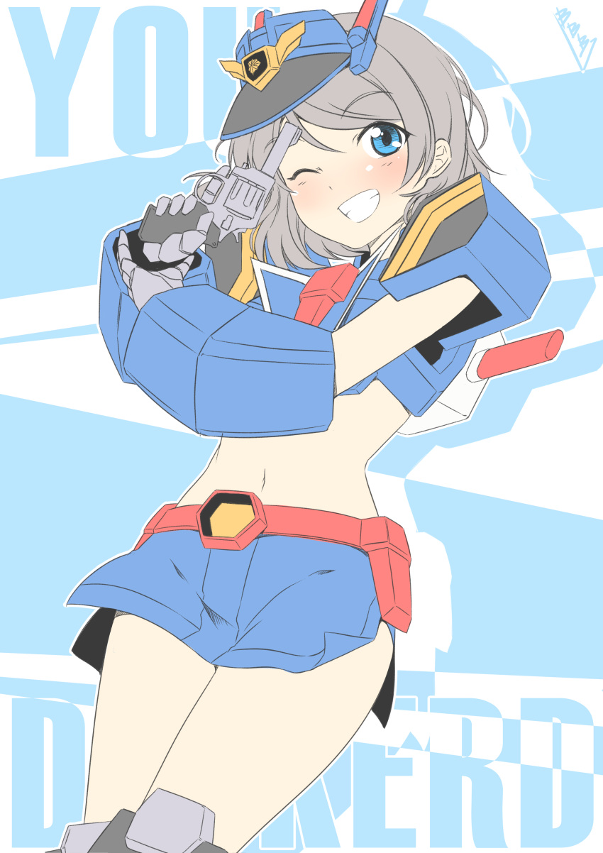 1girl, absurdres, blue_eyes, blue_skirt, bunji, character_name, company_connection, cosplay