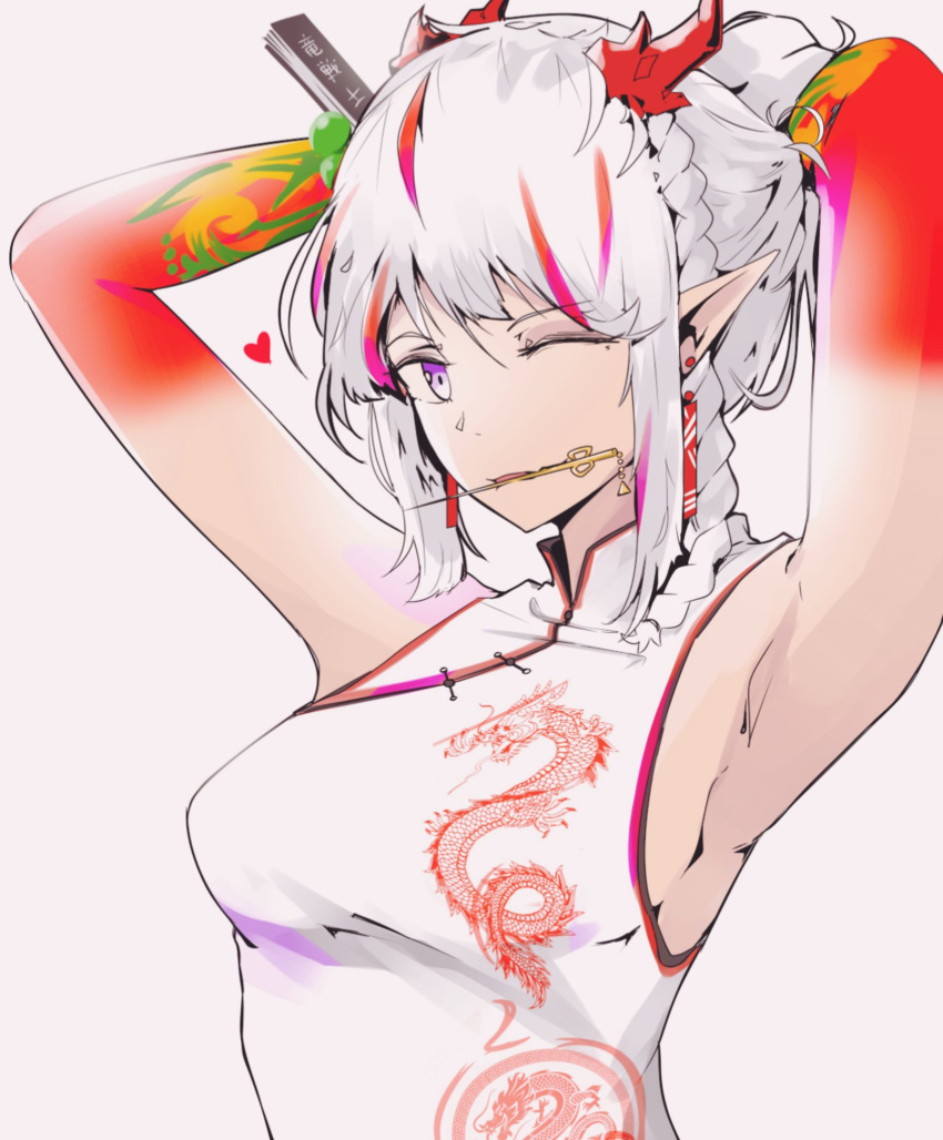 1girl, arknights, breasts, china_dress, chinese_clothes, dragon_print, dress, fan