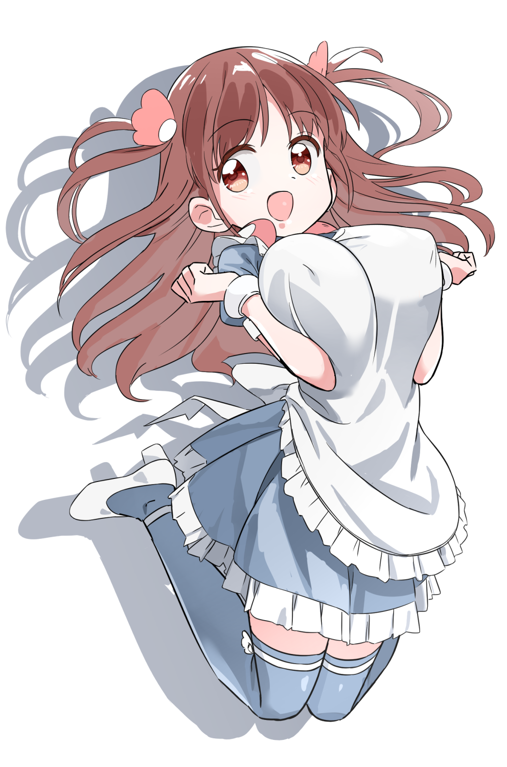 1girl, :d, apron, bangs, blue_dress, blue_legwear, breast_press, breasts