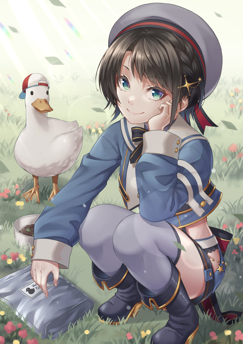 1girl, absurdres, backwards_hat, bangs, beret, bird, black_hair, black_neckwear